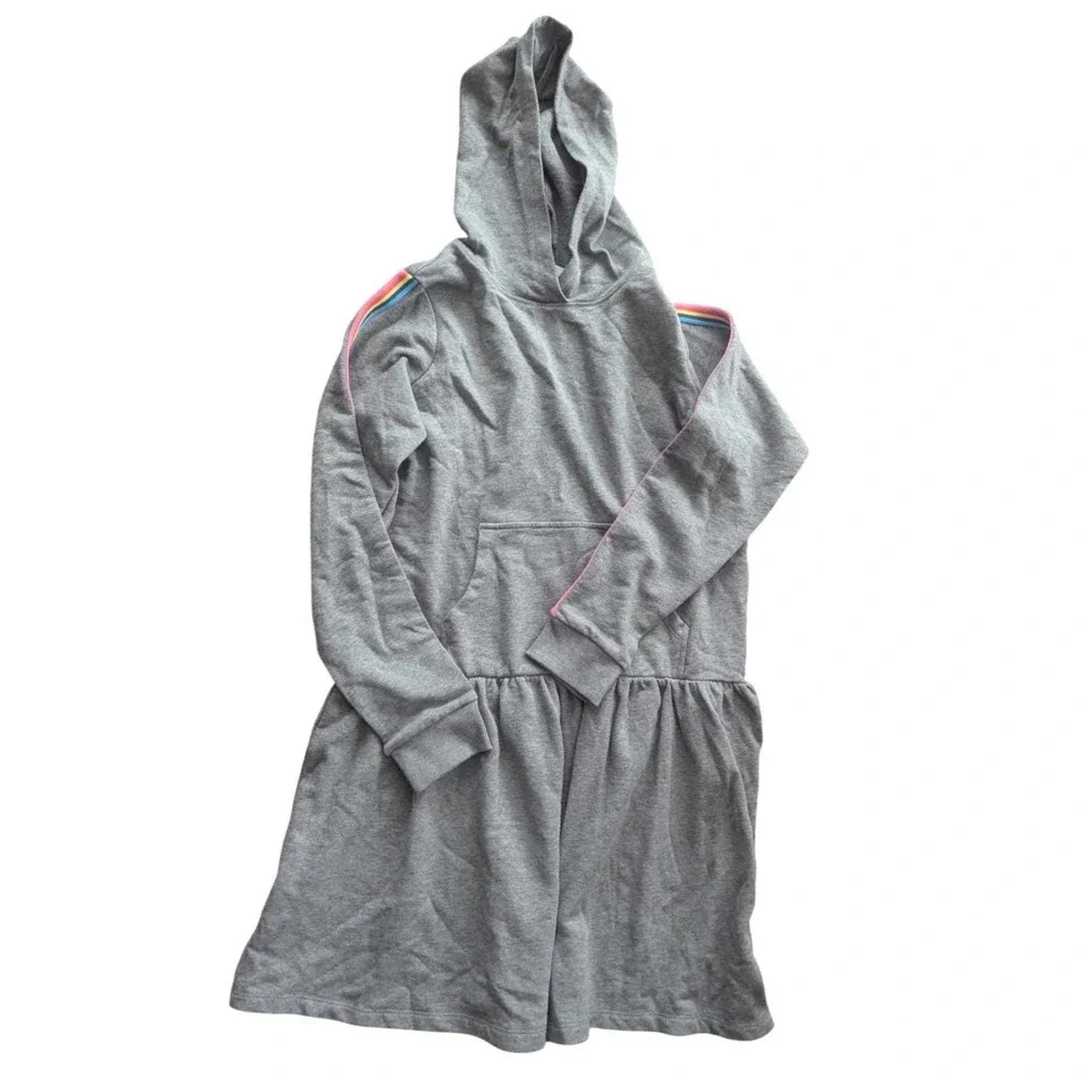 HANNA ANDERSSON Girls Gray Rainbow Stripe Sleeve Hoodie Dress w/Pocket‎ Sz 14/16